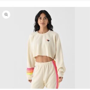 NWT-Aviator Nation Rugby Stitch Cropped Crew Sweatshirt - Vintage White - M